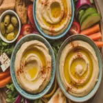 hummus platter with colorful vegetables and pita on wooden board