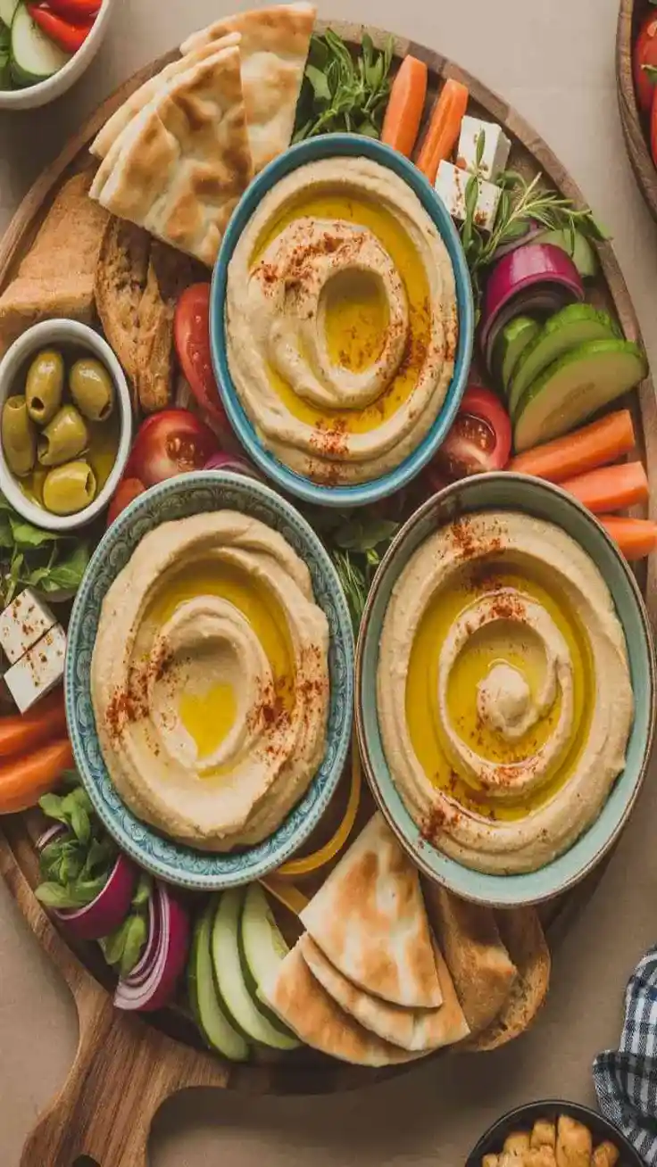 hummus platter with colorful vegetables and pita on wooden board