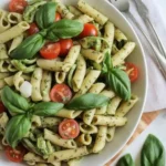 pesto pasta salad with fresh basil and cherry tomatoes