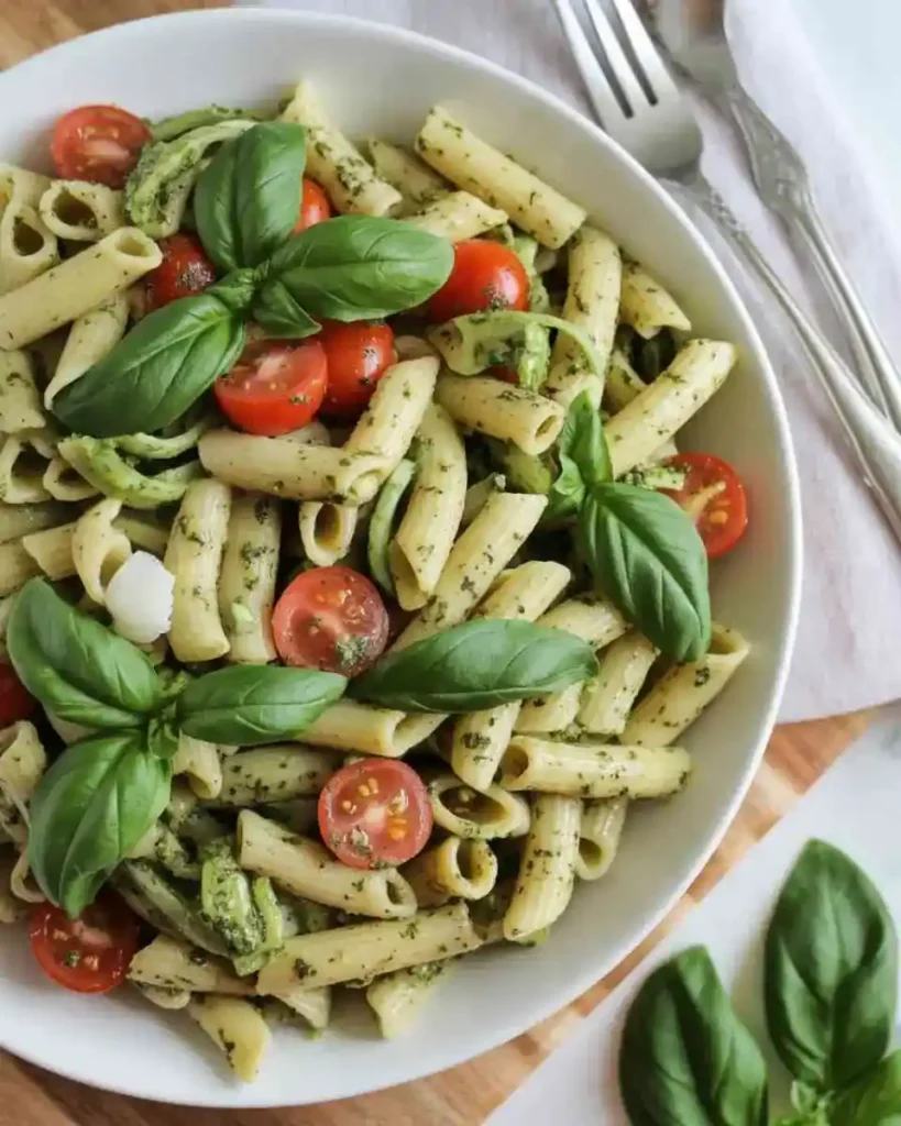 pesto pasta salad with fresh basil and cherry tomatoes