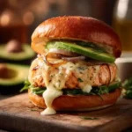 Salmon burgers recipe with juicy gourmet salmon burger on brioche bun