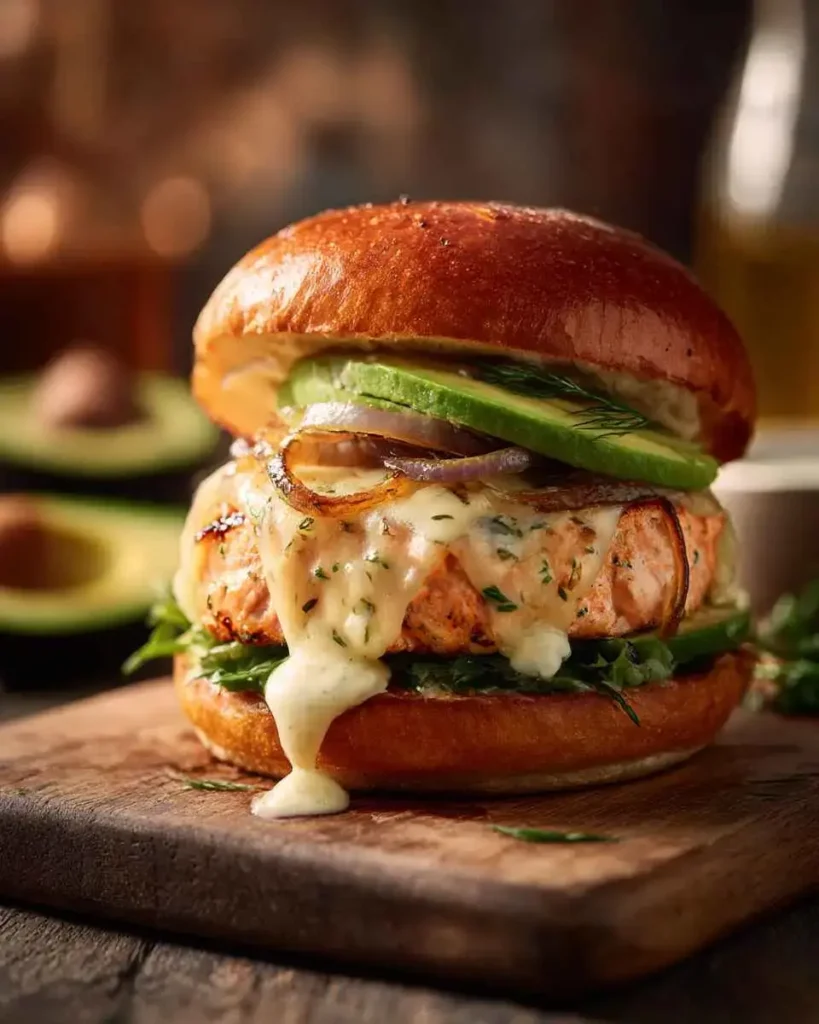 Salmon burgers recipe with juicy gourmet salmon burger on brioche bun