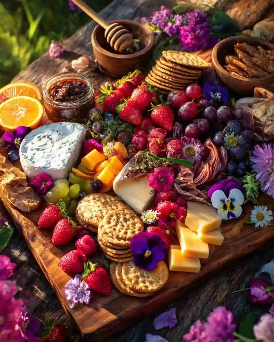 summer charcuterie board with fresh fruits and cheeses