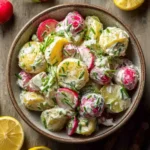 Healthy potato salad with creamy Greek yogurt dressing and fresh vegetables