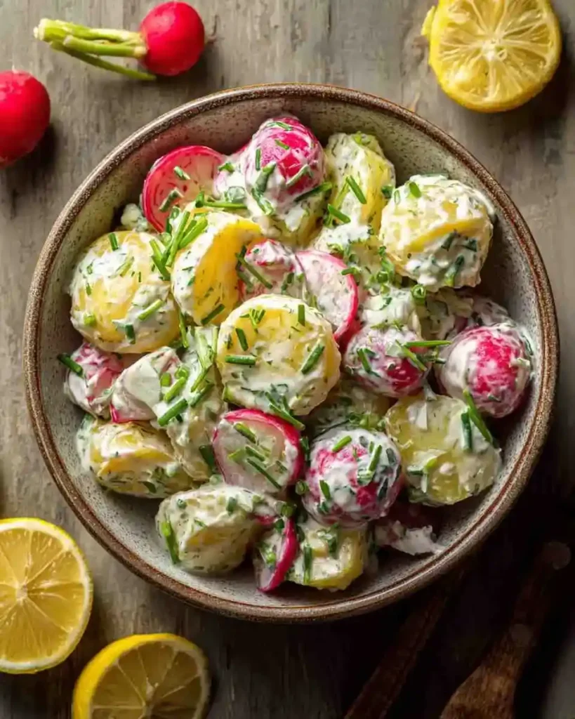Healthy potato salad with creamy Greek yogurt dressing and fresh vegetables