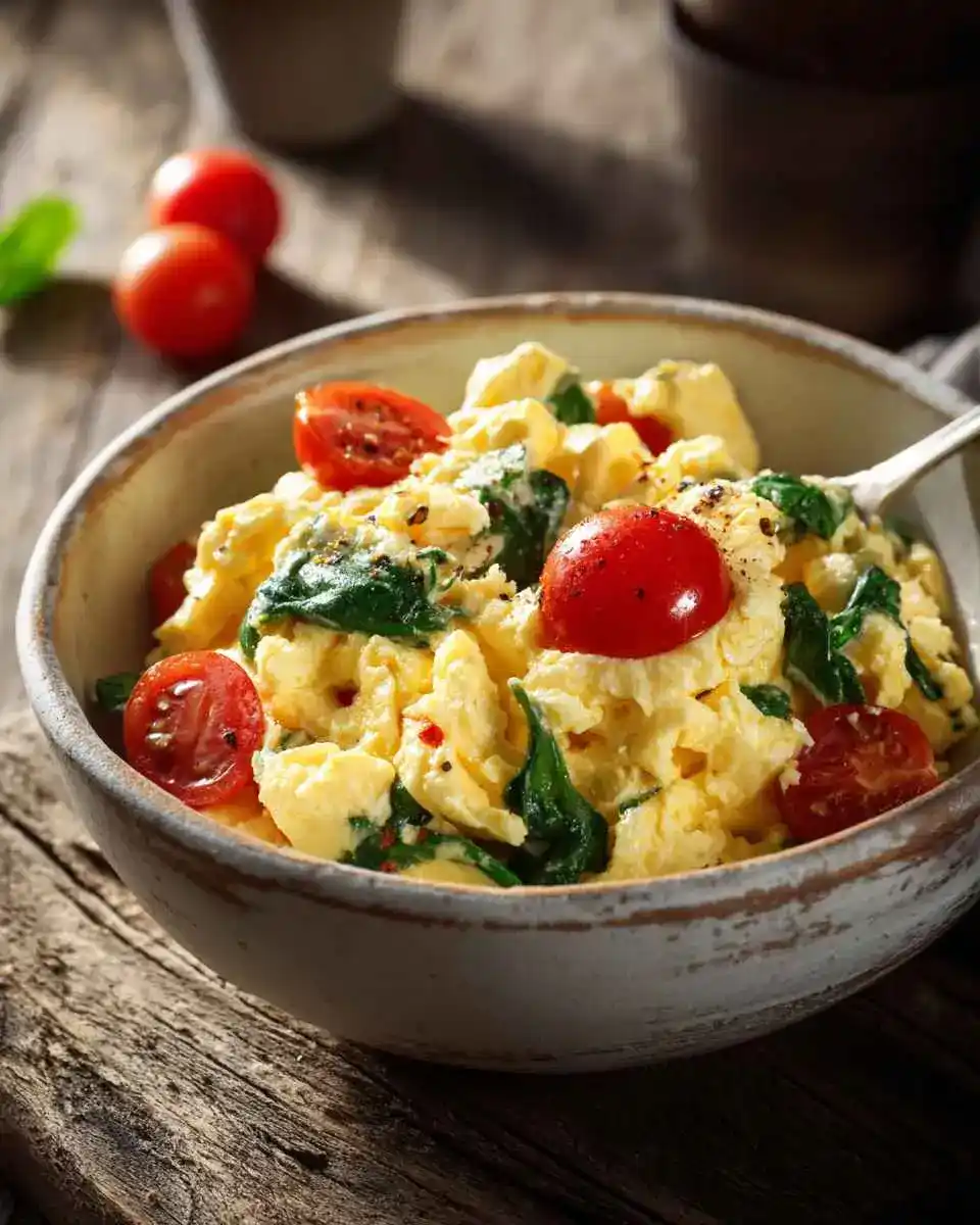 cottage cheese scrambled eggs breakfast bowl