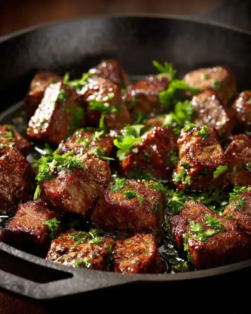 steak bites recipe in cast iron skillet