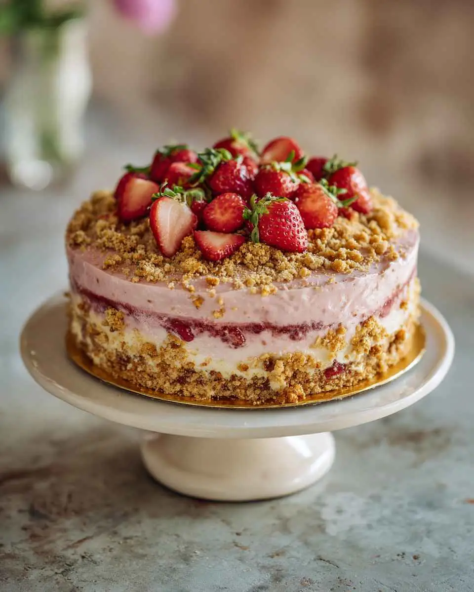 Strawberry Crunch Cake layered dessert with crunchy topping